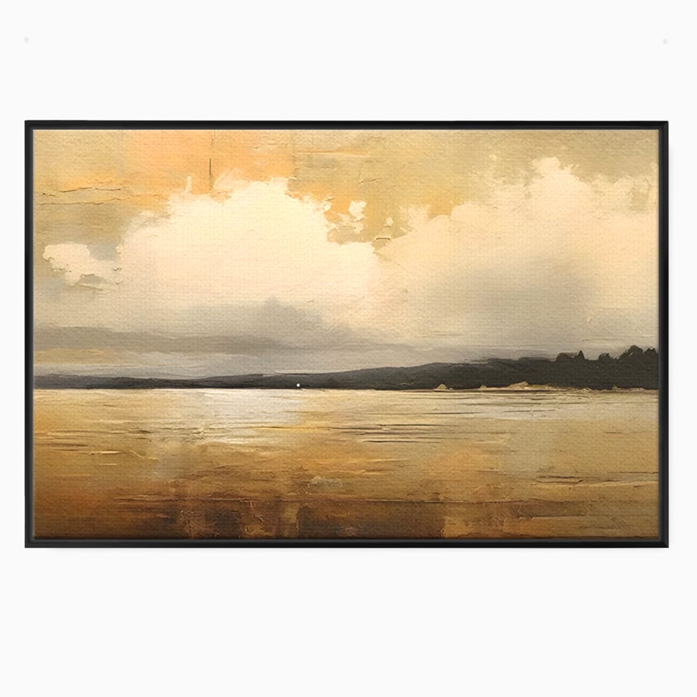 Tablou canvas cu pictura orizontala cu apus pe lac, in rama de aluminiu negru